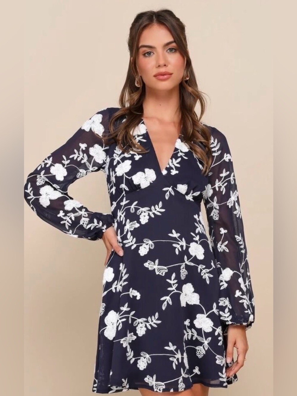 Lulu's Navy Dress with White Floral Embroidery